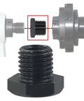 Close-up of black metal wood lathe chuck adapter, M18x2.5 to 1-8TPI, between spindle and chuck