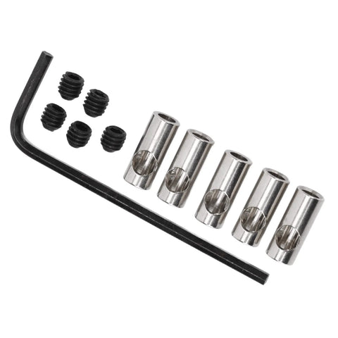 RC motor pinion gear adapter kit: six stainless steel sleeves, six black screws, and a L-shaped Allen key