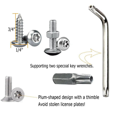 Tough As Nails Anti Theft License Plate Screws Featuring Tamper Resistant M6 Security Bolts In Rust Proof 304 Stainless Steel.