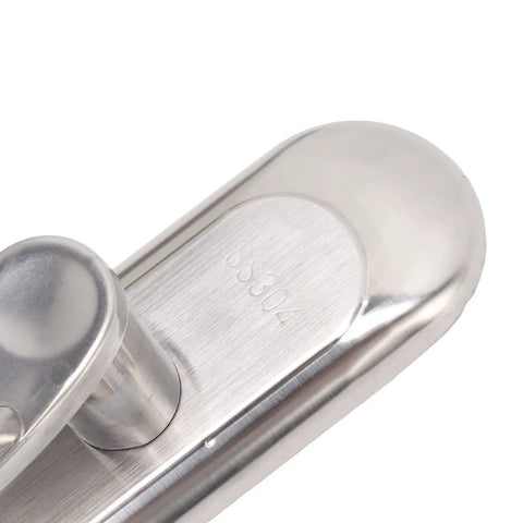 Close-up of stainless steel door entry handle set with SS304 engraved, part of keyed lever cylinder lock kit for interior doors.
