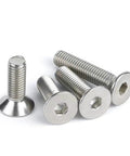 Snap Up These Heavy Duty M3 X 15Mm Flat Head Socket Bolts Crafted From Rock Solid 304 Stainless Steel With Allen Hex Drive showing four fully threaded bolts.