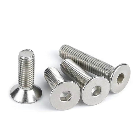 Snap Up These Heavy Duty M3 X 15Mm Flat Head Socket Bolts Crafted From Rock Solid 304 Stainless Steel With Allen Hex Drive showing four fully threaded bolts.