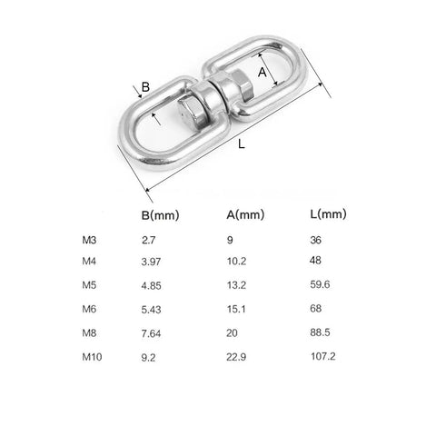 304 Stainless Steel Double Ended Swivel Eye Hook dimensions with sizes B, A, L for Top Tier 304 Stainless Steel Double Ended Swivel Eye Hook Plus Two M5 Snap Hooks Badass Rust Proof Connector Kit For Trailer Hauling And Heavy Load Securing.