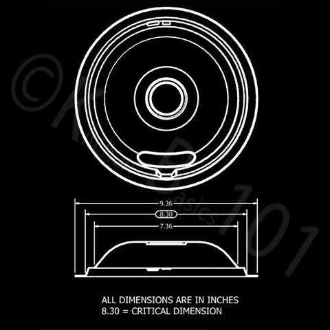 Technical drawing of Porcelain Drip Pan Replacement Set For Whirlpool Amana Maytag W10288051 dimensions shown.