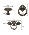 Vintage Zinc Alloy Drawer Pull Ring And Cabinet Handle Set With Retro Vibe For Kitchen Cabinets And Dressers, dimensions shown.