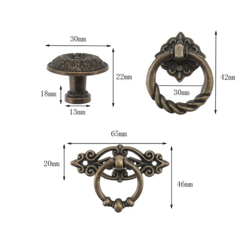 Vintage Zinc Alloy Drawer Pull Ring And Cabinet Handle Set With Retro Vibe For Kitchen Cabinets And Dressers, dimensions shown.