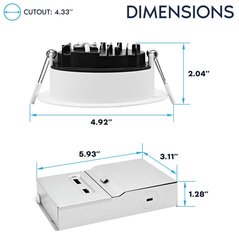 Dimensions illustration showing 4 Inch Canless LED Recessed Lights With A Slick Flush Trim And Snug Ceiling Fit, 5CCT Adjustable Warm To Cool Glow, Dual Dimmable No Fuss Setup, Wet Rated ETL Certified 12 Pack.