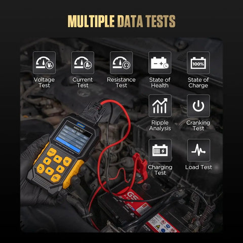 All Vehicles 24V 12V Car Battery Tester With Digital Auto Battery Analyzer And 99.9 Percent Accuracy 30 To 2000 CCA Works On Flooded AGM Flat Plate AGM For Motorcycle Car Truck Boat RV Marine ATV SUV Yacht Alternator Charging Cranking System Scanner in hand over car engine