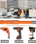 Porcelain tile diamond drill bit set, 2-piece, 1/4 in hex shank; orange bit shown with hand, electric and bench drills.