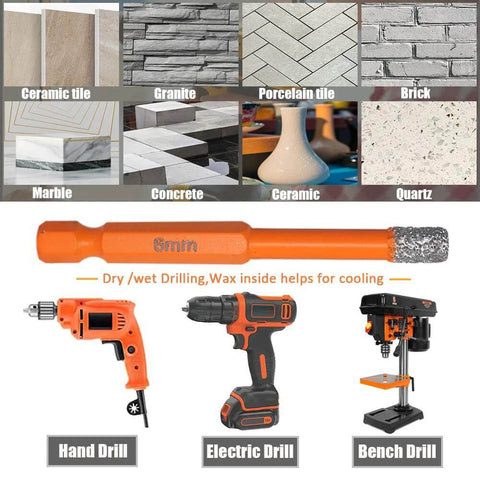 Porcelain tile diamond drill bit set, 2-piece, 1/4 in hex shank; orange bit shown with hand, electric and bench drills.