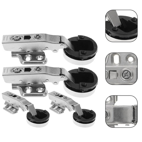 4 Pack Hydraulic Glass Door Hinges With Soft Close Damping For Kitchen Cabinets And Wine Cabinet Doors Quiet Smooth Closing Durable Cabinet Door Hardware, showing hinges in close-up and side views.