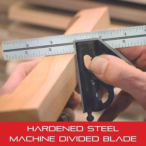 Using the Six Inch Steel Combination Square with Square Head for pro-grade right angles on wood, featuring 4R graduations.