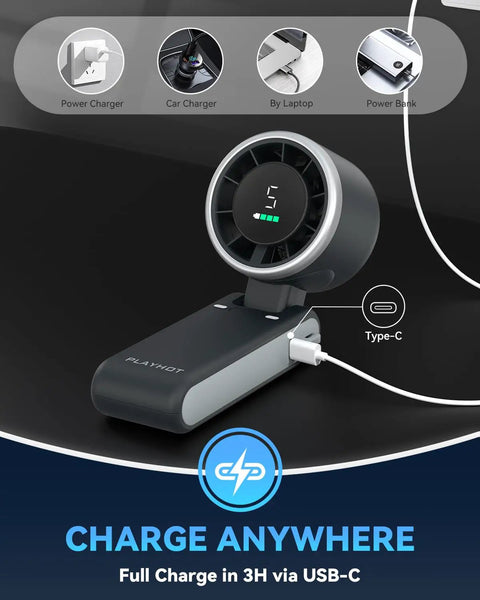 Portable Handheld Turbo Fan With Five Gear Wind USB C Rechargeable Power Up To 12 Hours Of Beat The Heat On The Go Cool Air 3 In 1 Air Turbo Tech Cooling For Outdoor Activities Travel Beach Black charging via USB-C port.