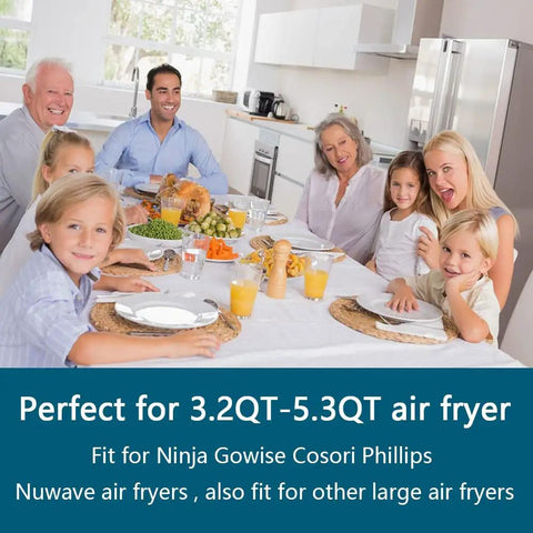 Family gathered around table with 17 Piece Must Have Kickass Air Fryer Accessory Kit For 7 Inch Square Pans And Racks