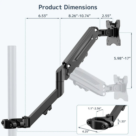 Rugged Pole Mount Monitor Arm Featuring Smooth Gas Spring Design For 17 To 32 Inch Displays dimensions diagram with sizes.