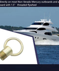 Universal Outboard Lifting Ring Tool AMT0022 on blue ocean backdrop with white yacht, showing threaded design