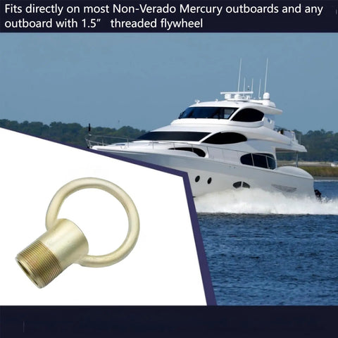Universal Outboard Lifting Ring Tool AMT0022 on blue ocean backdrop with white yacht, showing threaded design