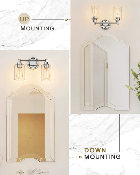 Sleek Modern Two Light Vanity Lights Over Mirror With Chrome Finish And Clear Glass Shades Contemporary Wall Sconce Durable Metal Housing Easy Install Model 4FYC56B-2W CH showing up and down mounting options above mirrors, chrome finish