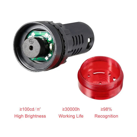 Red Light With Buzzer Panel Mount Alarm Indicator 12V ACDC 22mm components disassembled showing high brightness LED and flame-resistant housing