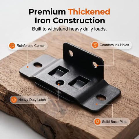 Close-up of a beefy black angle furniture corner bracket on wood, with reinforced corner and countersunk holes. Part of the 16 pack for cabinets.