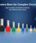 Color-coded 100 Pack 10 AWG Twin Wire Ferrules Red TE6014 Dual Wire Crimp Connectors in various sizes for DIN rail terminal blocks.