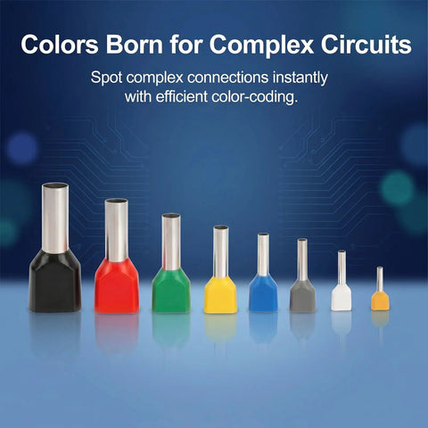 Color-coded 100 Pack 10 AWG Twin Wire Ferrules Red TE6014 Dual Wire Crimp Connectors in various sizes for DIN rail terminal blocks.