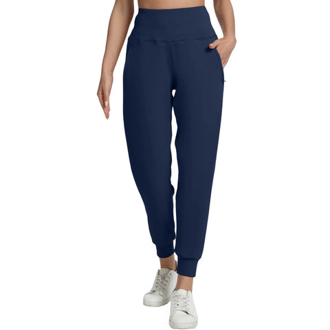 Fleece Lined Womens Joggers With Zip Pockets High Waist Athletic Pants For Travel Lounge And Workout Lightweight Warm Navy Blue Plus Size 3XL