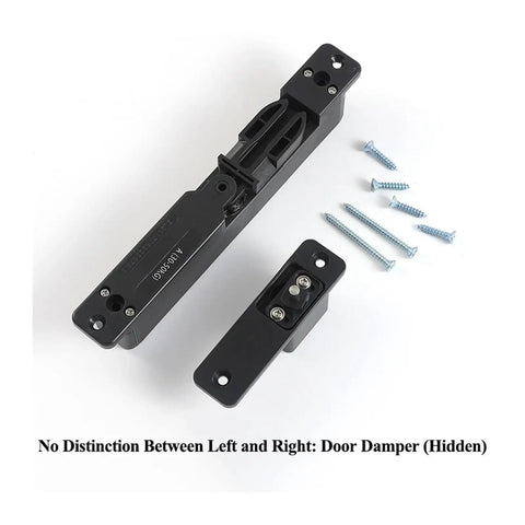 Soft Shut Hydraulic Door Closer With Quiet Glide and Invisible Mounting components and screws on white background