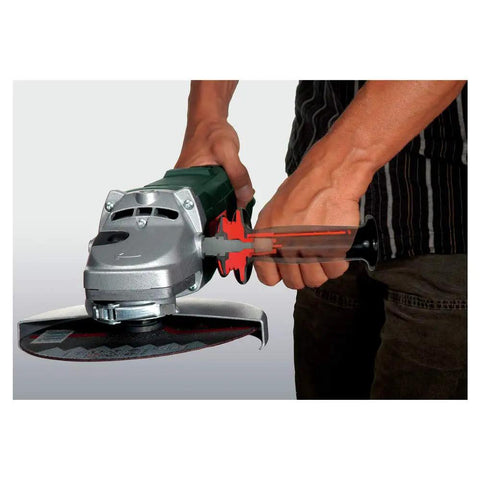 Person using 7 Inch Angle Grinder With 8500 RPM And 15 Amp Motor Locking Slide Switch VibraTech For Reduced Vibration German Engineered Power Tool