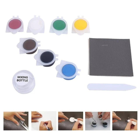 No Heat Liquid Leather Scratch Repair Kit for Car Seats and Furniture Quick Easy Fix showing color jars and tools