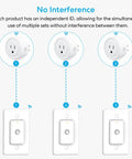 Wireless Remote Outlet Switch Kit With 656 Foot Range No Wiring Required Pre Programmed Use On Wall Or As Portable Remote Magnetic Mount Fridge Friendly Plug And Play Ready For Lights And Small Appliances showing no interference feature with independent IDs for multiple sets