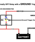 Diagram showing wiring setup for 12V 40A/30A 5-Pin SPDT Automotive Relay Kit For Power Trim And Tilt with battery and ground connections.