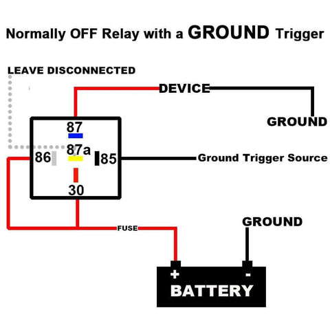 Diagram showing wiring setup for 12V 40A/30A 5-Pin SPDT Automotive Relay Kit For Power Trim And Tilt with battery and ground connections.