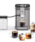 Crush Your Daily Caffeine Rush With This Rock Solid Fully Automatic Espresso Machine, Integrated Grinder, Smooth Milk Frother For Rich Lattes, Straight Up Easy Touch Screen, Custom Cup Settings, 20 Bar Pressure, Dual Boiler Heating, 1.5 Liter Reservoir, showcasing brewed espresso with milk froth.