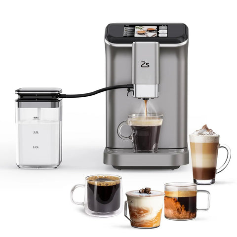 Crush Your Daily Caffeine Rush With This Rock Solid Fully Automatic Espresso Machine, Integrated Grinder, Smooth Milk Frother For Rich Lattes, Straight Up Easy Touch Screen, Custom Cup Settings, 20 Bar Pressure, Dual Boiler Heating, 1.5 Liter Reservoir, showcasing brewed espresso with milk froth.