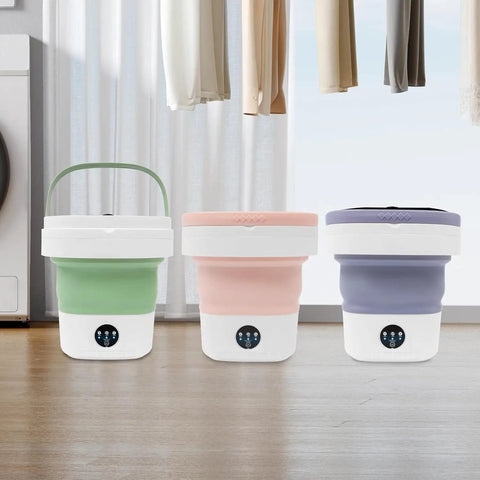 Hella Efficient Compact Foldable Mini Washer With Slick Drainage Setup And Pure Copper Motor Plus Gentle Handwash Simulation For Delicates And Baby Clothes Green Finish displayed in green, pink, and purple colors.