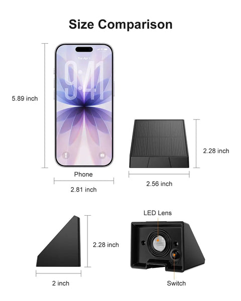 Size comparison of 8 Pack Solar Fence Lights With Warm White LED Spot Lens against a smartphone, showing dimensions.