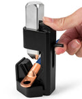 Hand using Beefy Lug Crimper Tool for 8 AWG to 0000 AWG battery and welding cables, black heavy-duty design for automotive use.