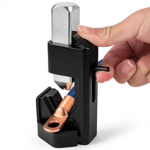 Hand using Beefy Lug Crimper Tool for 8 AWG to 0000 AWG battery and welding cables, black heavy-duty design for automotive use.