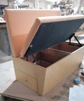 Bench Seat Hinges And Lift Spring Set For Bed Boxes And Chests, Pull Down Storage Lids, showing open seat storage in workshop