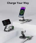 3 In 1 Wireless Charging Stand With Qi2 25W Fast Charge Foldable MagSafe Dock for iPhone, Apple Watch, and AirPods.