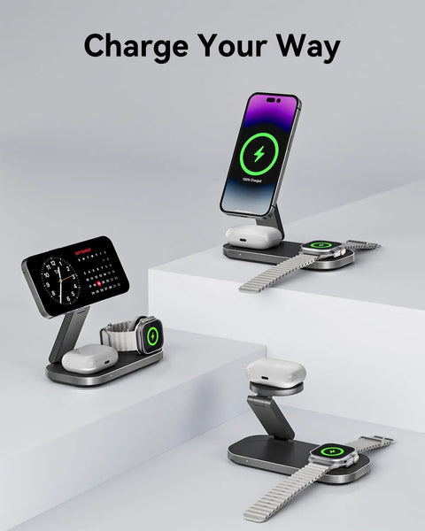3 In 1 Wireless Charging Stand With Qi2 25W Fast Charge Foldable MagSafe Dock for iPhone, Apple Watch, and AirPods.