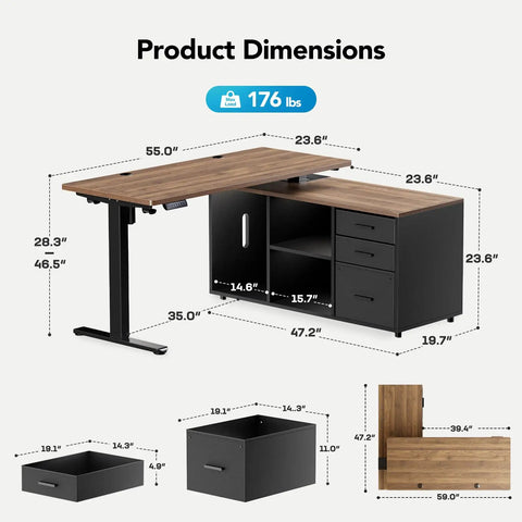 Dimensions of L Shaped Standing Desk With Electric Height Adjustment And Drawers 55 Inch By 23.6 Inch Walnut One Piece Desk Surface