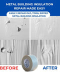 Metal building insulation repair with Built Tough 4x180 Feet White Vapor Barrier Tape Heavy Duty Waterproof Crawlspace Sealant.