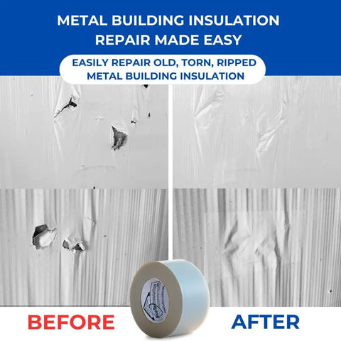 Metal building insulation repair with Built Tough 4x180 Feet White Vapor Barrier Tape Heavy Duty Waterproof Crawlspace Sealant.