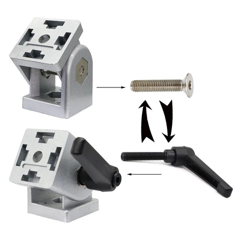 40 Series 4040 Aluminum Extrusion Hinge Pivot Joint Kit With Two Handles And Wrenches, Zinc Alloy Pivot Brackets For 40X40 Profiles, Heavy Duty Corner Connectors, Easy Mount Hardware For DIY Makers And Projects, showing pivot bracket and handle assembly