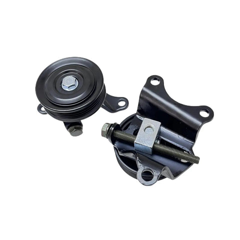 Upgrade Your Ride With This Premium Drive Belt Idler Pulley Assembly Designed For Toyota HILUX HIACE DYNA And Land Cruiser Models, black metal, detailed view.