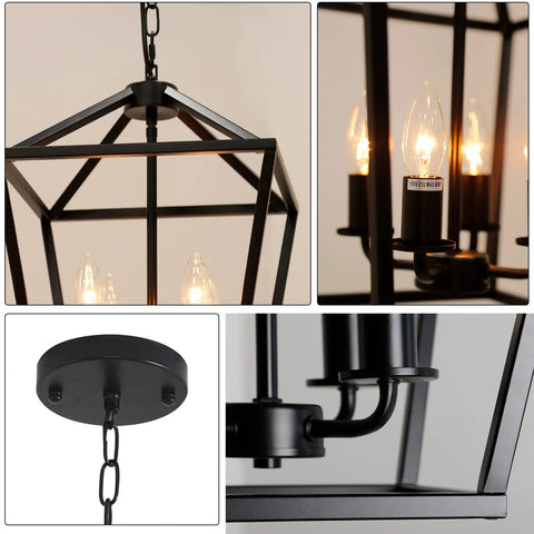 4 Light Lantern Pendant Light with industrial black cage and rustic 12 inch metal hanging fixture for kitchen island and dining room
