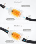 Universal Go To Gas Inline Fuel Filter With Magnet For One Quarter Inch And Five Sixteenth Inch Fuel Lines shown in two methods