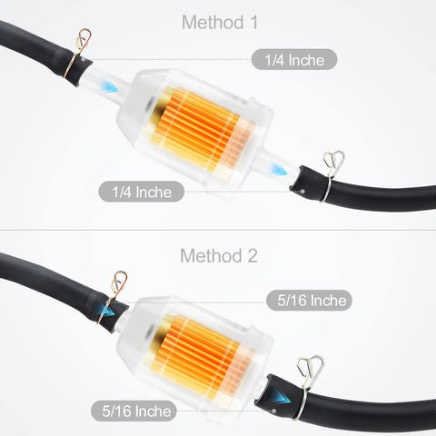 Universal Go To Gas Inline Fuel Filter With Magnet For One Quarter Inch And Five Sixteenth Inch Fuel Lines shown in two methods